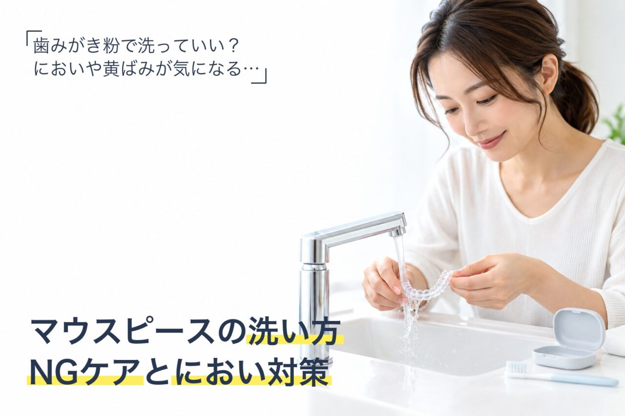 マウスピース矯正のマウスピースを水で洗う女性